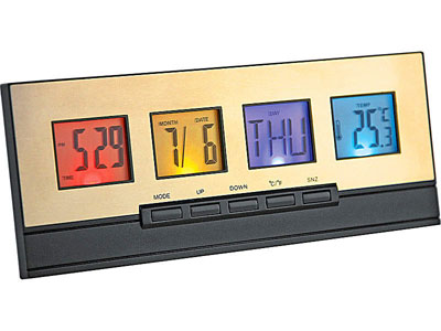 Погодная станция «Билдинг», В каждом «окне» - свои показания, которые подсвечиваются разным цветом: время, дата, день недели, температура
