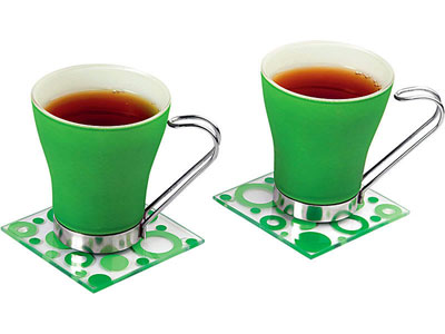 Чайная пара: 2 чашки на 125 мл, 2 подставки под горячее, зеленый