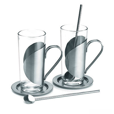 Чайный набор: 2 стакана из стекла  в стальном держателе , 2 блюдца и 2 ложки