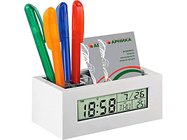 Настольный прибор с часами, датой, термометром, подставками под ручки и визитки