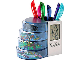 Подставка под ручки и канцелярские принадлежности с часами, датой и термометром