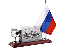 Настольный прибор «Губерния»: часы, флаг России, металлическая плакетка для нанесения индивидуального изображения