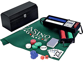 Набор для игры в покер и блэк джек Макао: 2 колоды карт, фишки, кости, игровое поле в деревянной коробке