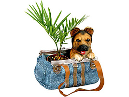 Овчарка. Декоративная подставка под цветы в виде щенка, выглядывающего из дамской сумочки