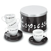 Кофейный набор из керамики на 4 персоны: чашки и блюдца в декоративной металлической коробке